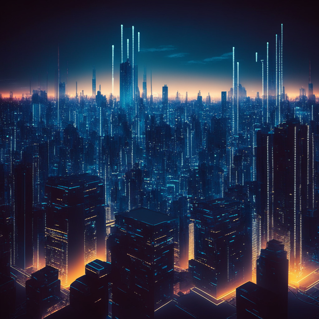 A digital metropolis glowing under the twilight sky, reflecting the promise and challenges of blockchain technology. The city has decentralised banks symbolising transformative potential. Shadows in the background represent skepticism and concerns about privacy, latency issues, and energy consumption. Mood is futuristic yet thoughtful, highlighting ongoing debate.