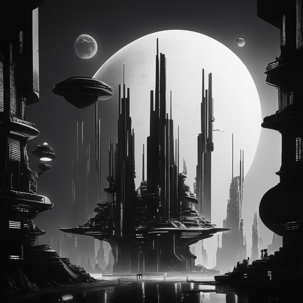 A futuristic, monochromatic city landscape teeming with advanced technology under a silvery moonlight, A large blockchain connected with various AI entities symbolizes the constant data exchange and security. The scene imbues a sense of guarded optimism, displaying the positives and potential threats. An overarching noir fantasy styling undertones the complex theme of AI Blockchain integration.