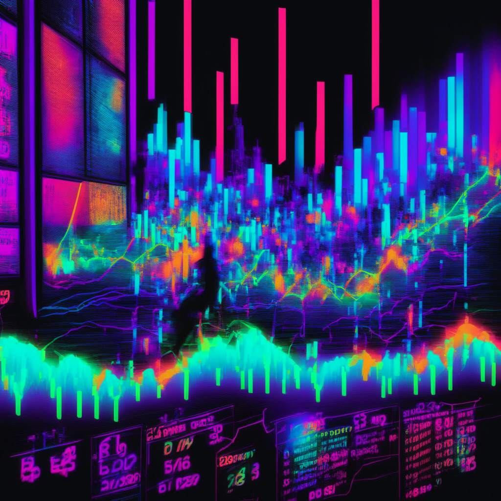 A late-night stock market scene with neon colors depicting the anticipation of a BTC boom. The atmosphere should be suspenseful and volatile, representing the tight price range and dominant market dynamics. Highlight an atmosphere of uncertainty prefiguring robust market oscillations, keeping the trends and figures abstract yet discernible. The image should have elements that demonstrate market compression and the specter of an impending explosion, akin to the calm before a storm. Interpret this image in a futuristic, cutting-edge style emulating the innovative paradigm of blockchain technology.