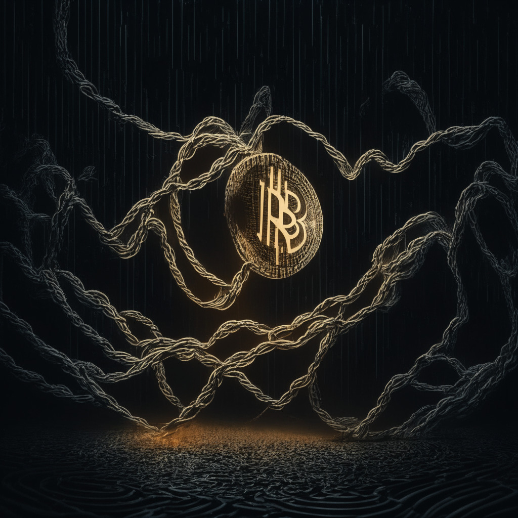A visual metaphor for the 'Bollinger Band squeeze' in the Bitcoin sector, A dark, suspenseful scene with a setting akin to the calm before a storm, Bitcoin tightly enveloped by two converging metal bands, representative of the Bollinger Bands. The bands are subtly glowing, taking on a near-ephemeral quality, heightened by the dramatic, low-light setting. The only illumination in the dim atmosphere derives from the uncertain, wavering glow of the bands. Altogether, fostering a mood of anticipation and tension, reflective of the market's state prior to the U.S. inflation data release.