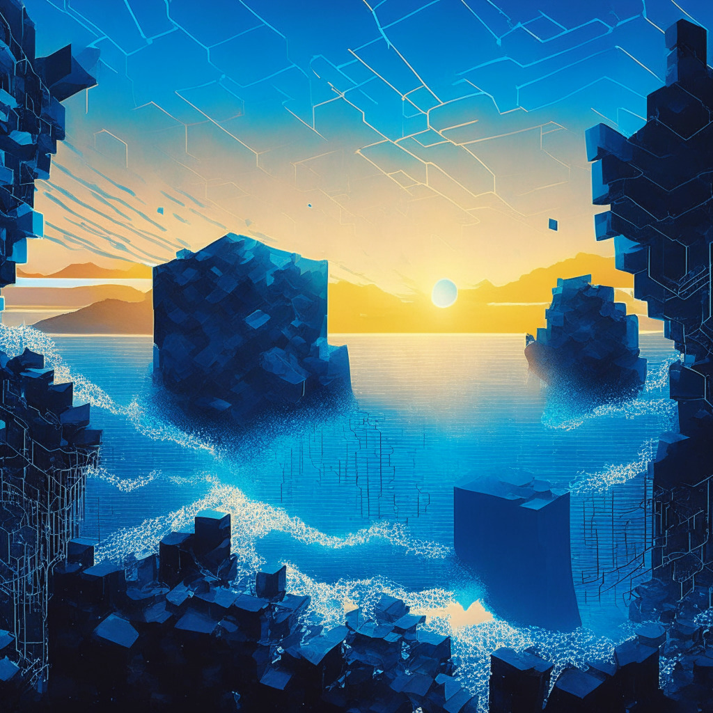 Stylized view of abstract blockchain components intertwined with a deep blue, computerized, cryptographic landscape, An ethereal light pervades the scene hinting at a mysterious depth - a zero-knowledge proof in progress. Consuming the murky edges, it portrays the challenge in computation as a looming cliff. Simultaneously, an optimistic sunrise symbolizing the new beginnings with Fabric Cryptography provides a subtle backdrop, setting a tone of hope and profound innovation. The image radiates a sense of perseverance and arrival of a new era in cryptographic technology, capturing the tension and promise of the moment.