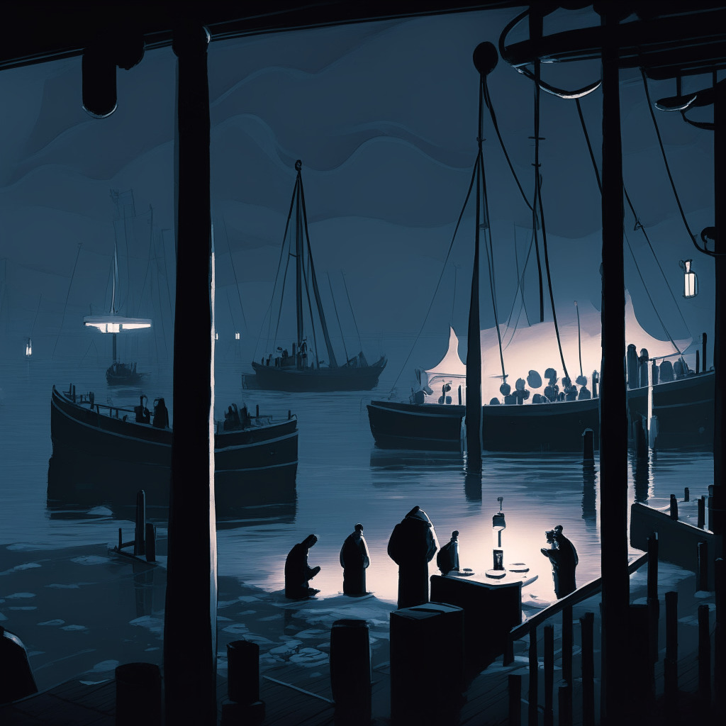 A chilling scene of a yacht club in a winter dusk setting, harboring ghostly silhouettes of anthropomorphic apes, depicting a slow down in the fast-paced world of NFTs. The ambiance is somber yet hopeful, the cool, dim lights conveying an overarching mood of uncertainty and promising resurgence. Floating ETH symbols sunk at various depths in icy waters.