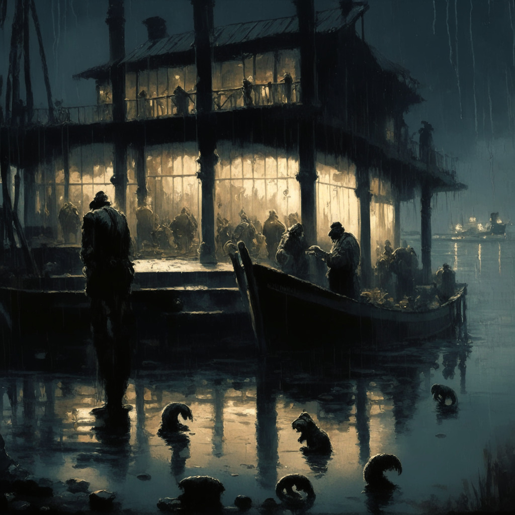 A melancholic image of a waterfront club with apes wearing sailor's attire, with their reflections in the water showcasing deteriorating value, bathed in twilight hues under ethereal lighting. The mood should evoke a sense of decline and recession. Faint sounds of a distant bustling market fading out, and the chilly breeze whispering about a pressing storm. Incorporate an artistic style reminiscent of surrealist melancholy.
