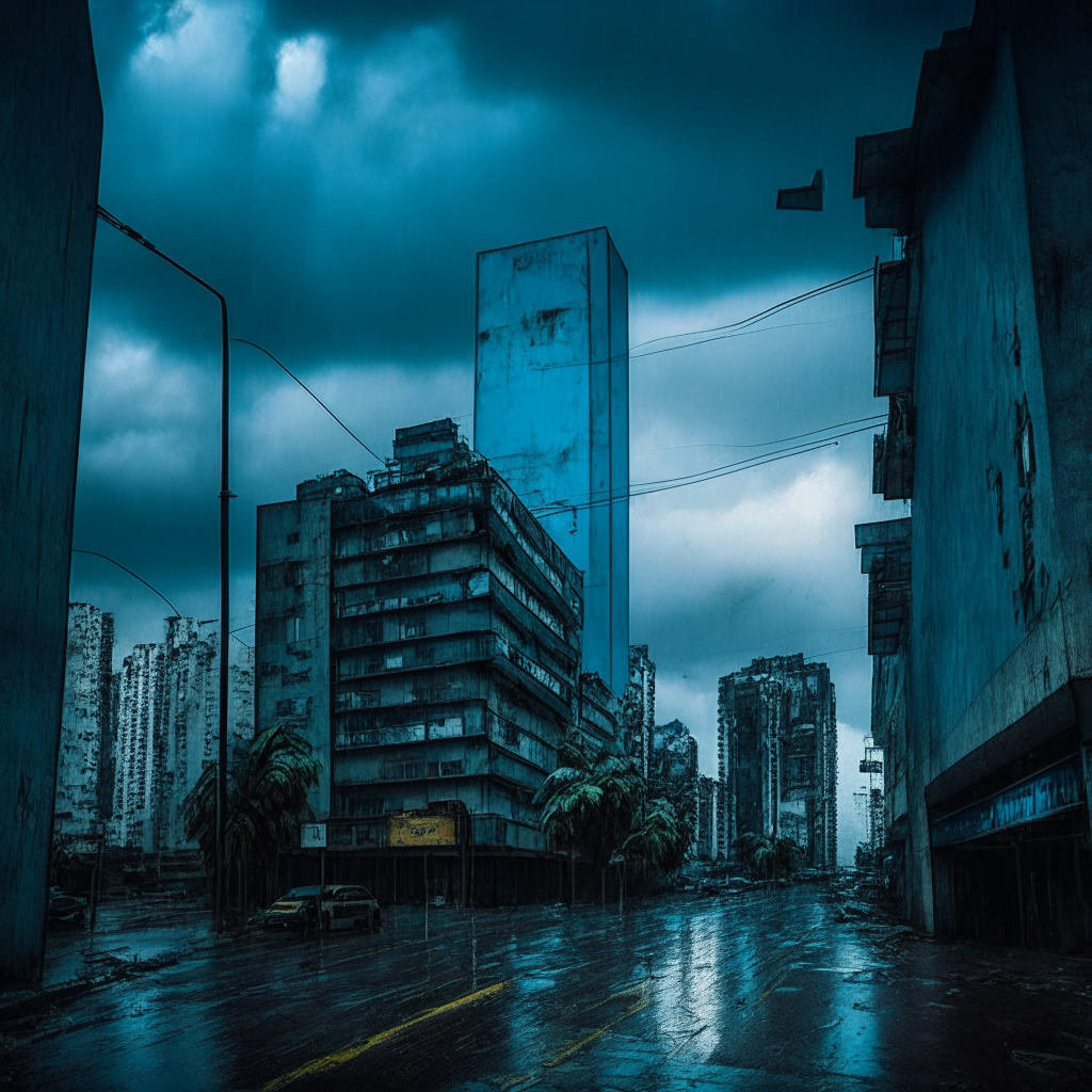 Dystopian São Paulo streets under stormy skies, intense hues of blue and grey. Law enforcement teams raid an eerily empty high-tech office, screens blinking with unfinished crypto transactions. Lingering aura of panic, mystery, and betrayal. Properties seized in dimly lit rooms - digital lockboxes, expensive artifacts. Corner of the image, faded Wanted posters of a couple: stylized, recognisable yet elusive. Faint reflections of vanishing Bitcoin symbols in the shadows.