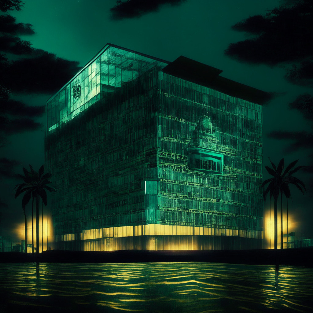 A cybernautical Brazilian central bank, bathed in a mysterious twilight. In the foreground, a glass-encased, digital specter of Brazil's currency, the 'Real', pulsating with encoded mechanisms. The mood intense, with hints of fear, yet a tinge of hopeful anticipation. A contrast of high-tech layouts against a Van Gogh styled starry sky suggests the dichotomy of finance and freedom.