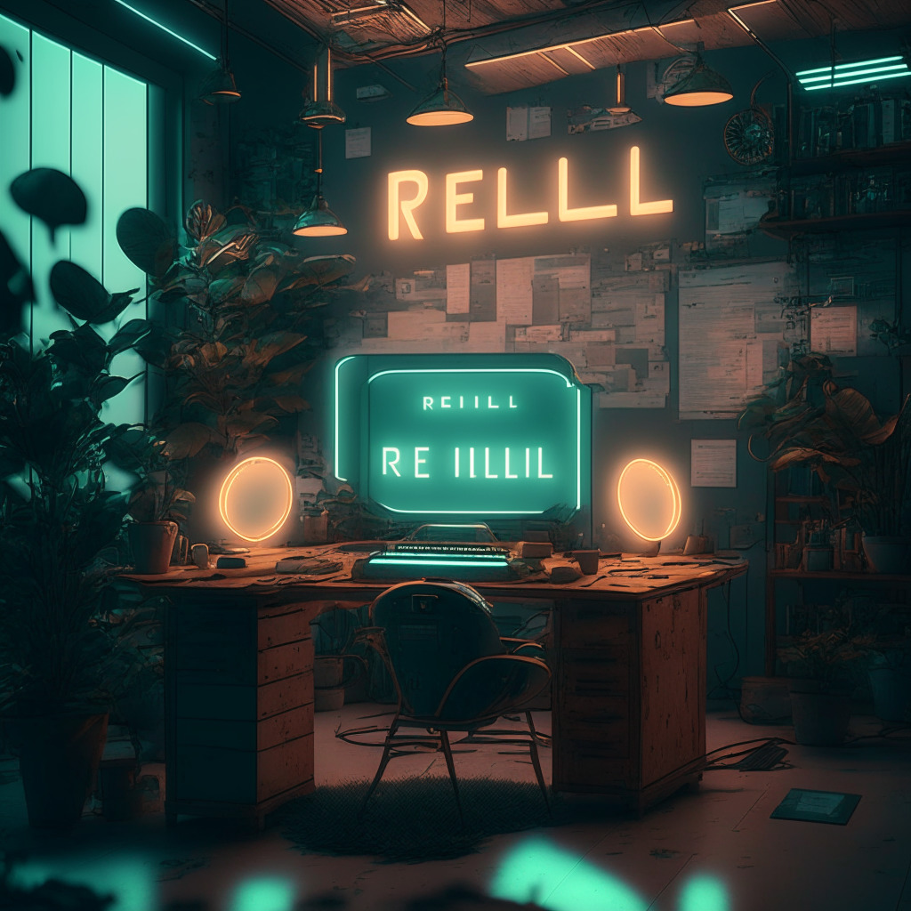 A vintage-inspired scene set in a softly lit, open coding workspace in Brazil. A carefully sculptured digital coin named 'Real' is hovering over a workstation, glowing with an ethereal, futuristic aura, symbolic of digital transition. Underscored by a sense of intrigue and anticipation, developers are fervently typing codes into vintage keyboards, printed documents of blockchain architecture, and smart contracts artistically scattered around them. In a corner, a group of people, representative of financial entities, is having an intense discussion, casting angled shadows in the soft dim light. Adding an element of curiosity, a transparent glass wall at the back reveals a blocked door symbolizing 'block explorer' selection, waiting to be chosen by the participants.