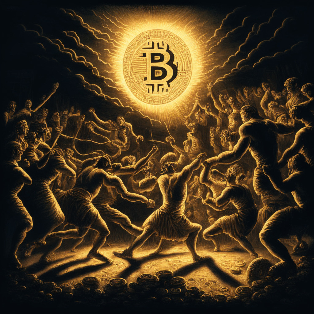 A chiaroscuro-styled image, depicting a tug of war scene, day descending into night. One side showcases a vibrant market buoyed by a golden knot imitating a coin labeled '31K', symbolizing Bitcoin's surge driven by disinflation. The other side portrays a somber atmosphere, hinting at market contractions with figures resembling Federal Reserve. A shadowy triangle under the '31K' indicates uncertainty while a looming storm in the distance represents regulatory challenges.
