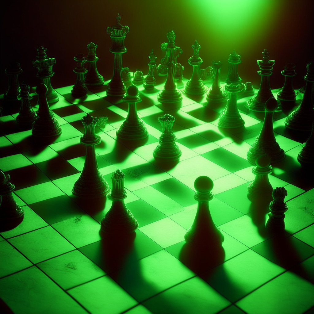 Etheric dawn light bathes a grand chessboard mid-game, showcasing tokens inspired by prominent cryptocurrencies like Solana, Avalanche, Bitcoin, EOS & Filecoin. In chiaroscuro style, tension between bullish green glow and bearish crimson shadows is palpable. Uncertainty & anticipation perfumes the air, encapsulating the shifting line of control in the crypto market.