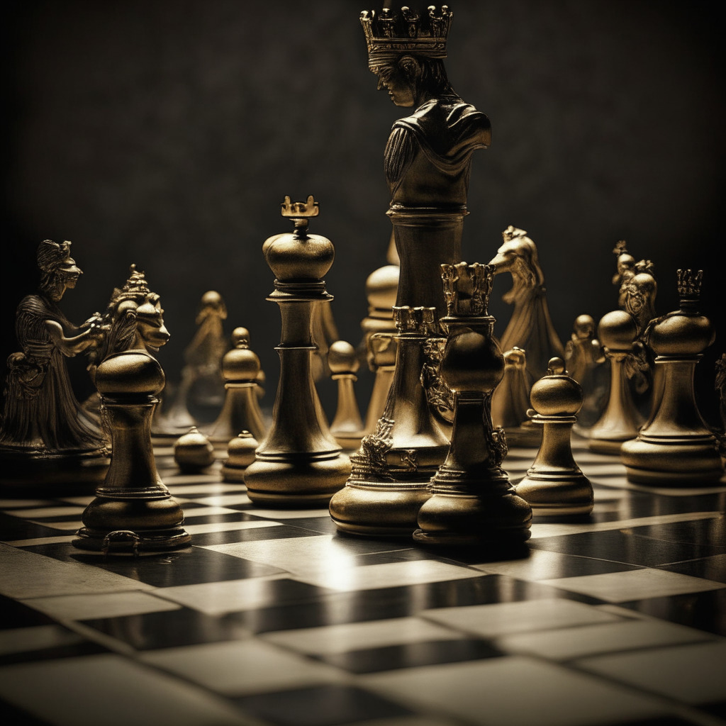 Vintage-style chess board with distinct leader figure facing the pawns, dim twilight setting reflects skepticism, decision-making tension, A symbol of strategy rests on the game's throne, The color palette combines shades of gray and gold to add an air of mystery, caution, and potential wealth. A dividing line, represents traditional and crypto finances.