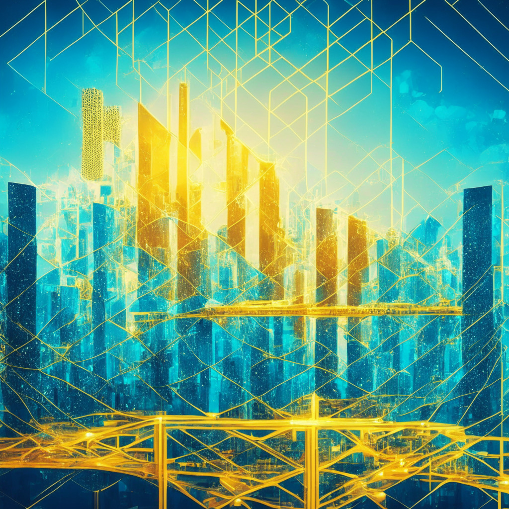 A surreal depiction of a futuristic city skyline, awash in hues of azure and gold. The city represents a rapidly evolving digital landscape, with various high-tech buildings symbolizing interoperable blockchain networks. Prominent in the scene is a bridge, a symbolic representation of Axelar's cross-chain innovation, framed by ethereal light beams highlighting the linking of multiple blockchains. A group of diverse silhouettes can be seen in the foreground - they symbolize developers and corporations navigating this complex landscape. The artistic style should be minimalistic yet expressive, capturing the imminent risks, and the waves of clouds symbolize the blockchain market's volatility. Mood: cautious optimism, dream-like.