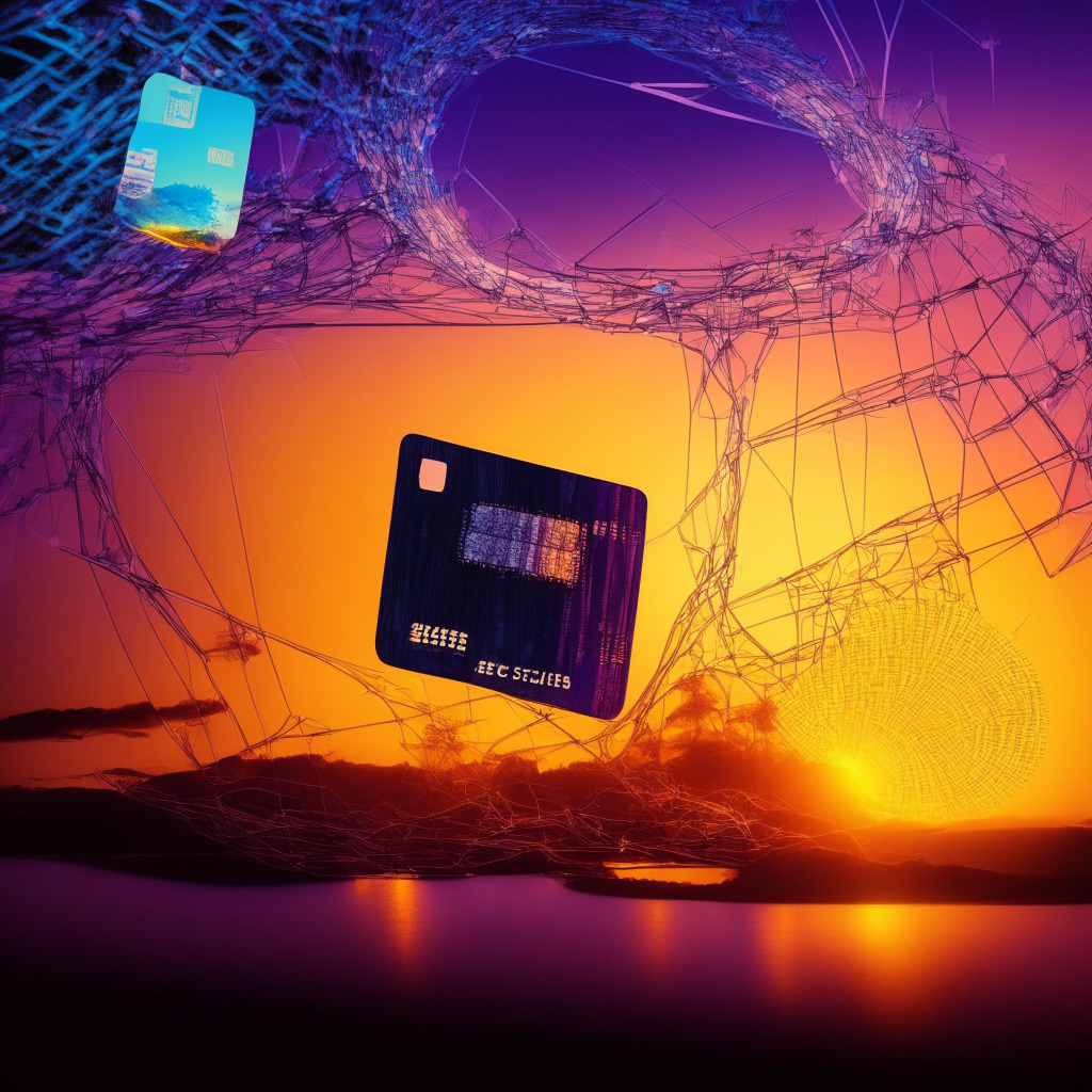 A vibrant merger of old and new: traditional credit cards and blockchain technology. Picture a debit card amidst a swirling network of blockchain data, symbolising the melding of Visa infrastructure with Gnosis blockchain. The scene is bathed in soft, yet bold sunset hues, evoking a sense of bridging gaps. Abstract embodiment of decentralisation mirrors hints of dusk setting on traditional systems while new dawn approaches on the ciphered horizon.