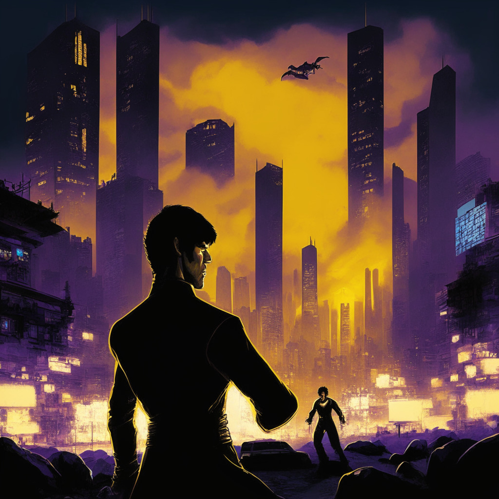 A twilight scene in the expansive metaverse, a digital avatar of Bruce Lee imparting martial arts teachings against a futuristic backdrop, embodying a mix of realism and cyberpunk. The atmosphere is solemn, yet awe-inspiring, honouring the legacy of the legend. A subtle hint of controversy lingers illustrating the ethical boundary crossings in using likenesses of the deceased.