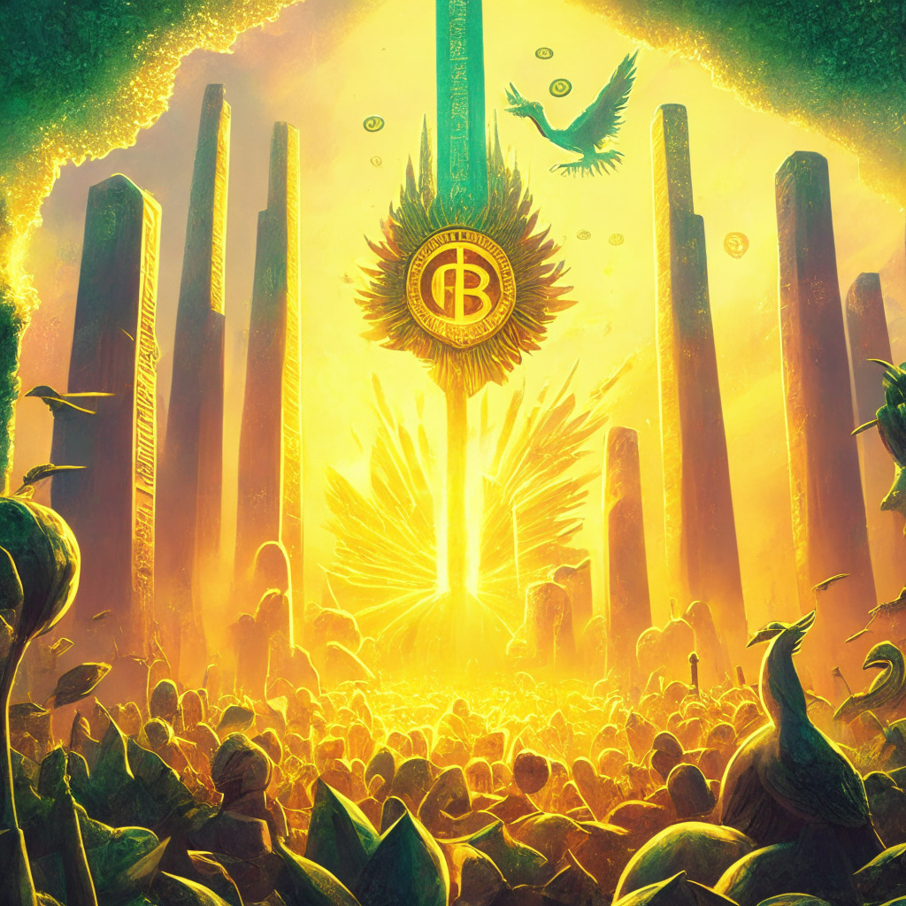 A resurgent crypto garden at sunrise - Bitcoin and Ethereum as triumphant monoliths touching the sky in golden light, a rising Compound, portrayed as a radiant phoenix, generous canopy over a crowd symbolizing Wall Street Memes and Graph tokens, a green corner showing Ecoterra's eco initiates, and a Filecoin rocket piercing through a cloud marked '200DMA'