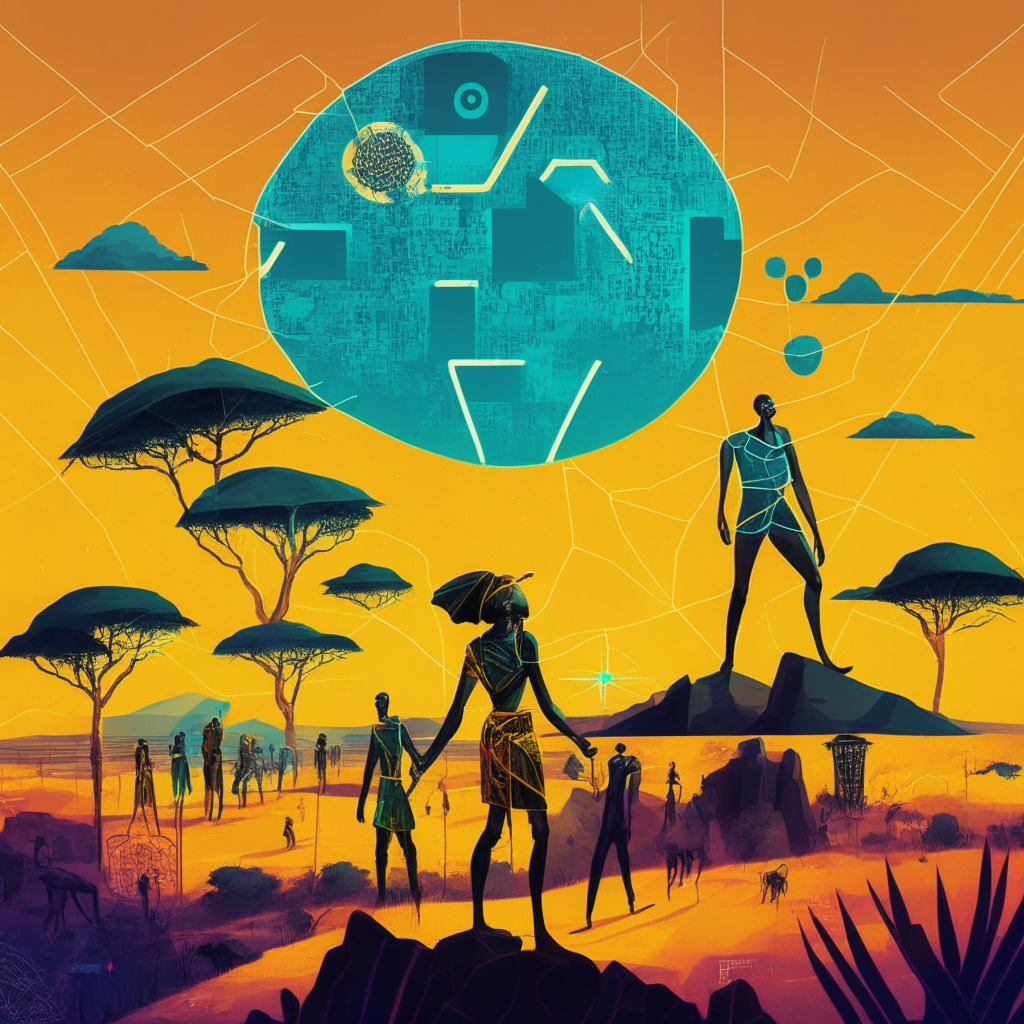 A symbolic representation of a Nigerian-based startup evolving from a crypto exchange to a peer-to-peer platform. Emphasize a vibrant digital Nigerian landscape, illuminated by blockchain technology. Include figures pointing towards a bright Web3 horizon, symbolizing frontier and progress. The mood should be optimistic yet dynamic, utilizing surrealism with a touch of Afrofuturism, highlighting a gripping paradox.