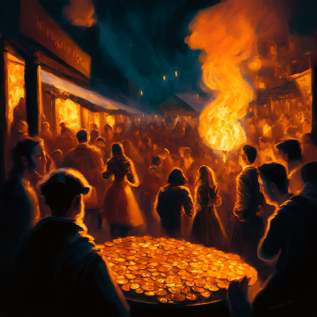 A nighttime scene of a bustling digital marketplace captured in an expressive oil painting style. The air is charged with anticipation and excitement. A fiery coin gleams at the center, symbolizing the Burn Kenny token - alluring, unique, and controversial. Buyers, painted in warm hues, gravitate towards this irresistible flame, echoing the coin's sudden popularity. An undertone of mystery and speculation hangs heavy as potential buyers weigh their decisions. The backdrop, punctuated by a stylized representation of market volatility, hints at Bitcoin's recent downfall and the inherent risks in the cryptoverse.