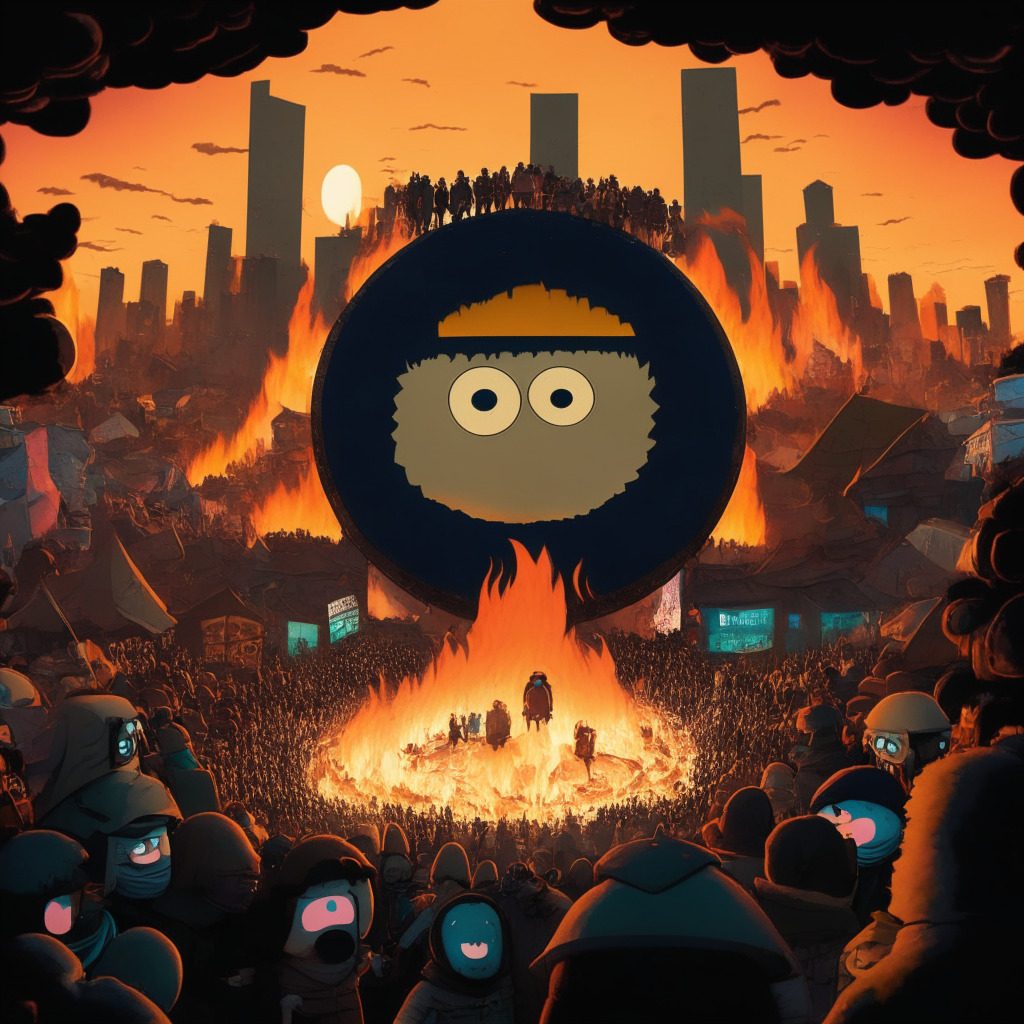 A South Park-themed landscape at twilight, showcasing a giant crypto coin bearing the character Kenny's face, engulfed in flames, towering over a bustling medieval-futuristic trade market. People gather underneath, their faces aglow with anticipation. The art style mimics the irreverent humor and cutout animation of South Park, but with added depth and detail for a distinct edge. Mood: a mix of excitement and uncertainty.