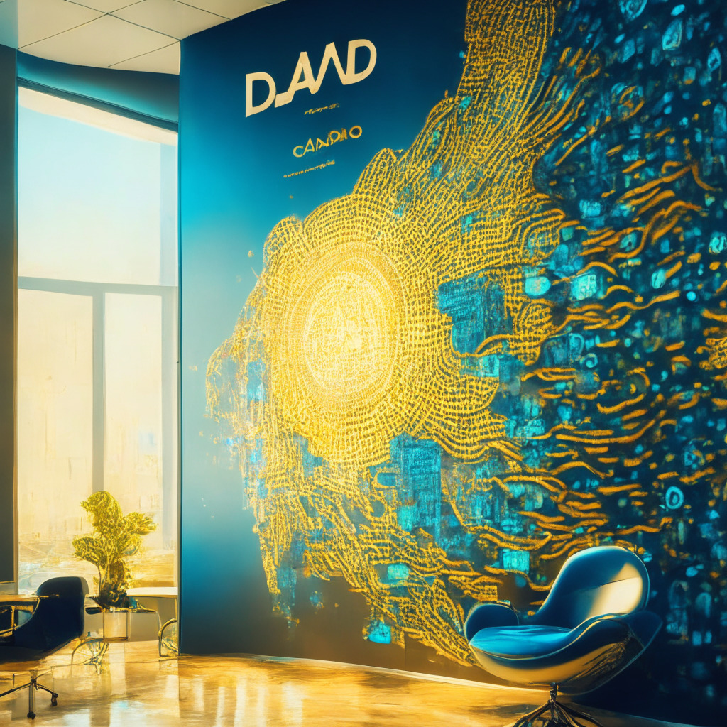 A futuristic mural adorned with Cardano's ADA coin soaring in a bullish run, coupled with a vibrant depiction of Deelance, a bustling web3 hub of remote work. The scene pulses with optimism, subtly bathed in a rich, majestic golden light signifying promising crypto investments. Artistic swashes of blues and greens hint at uncertainty, encapsulating a prevailing mood of anticipation and resilience.