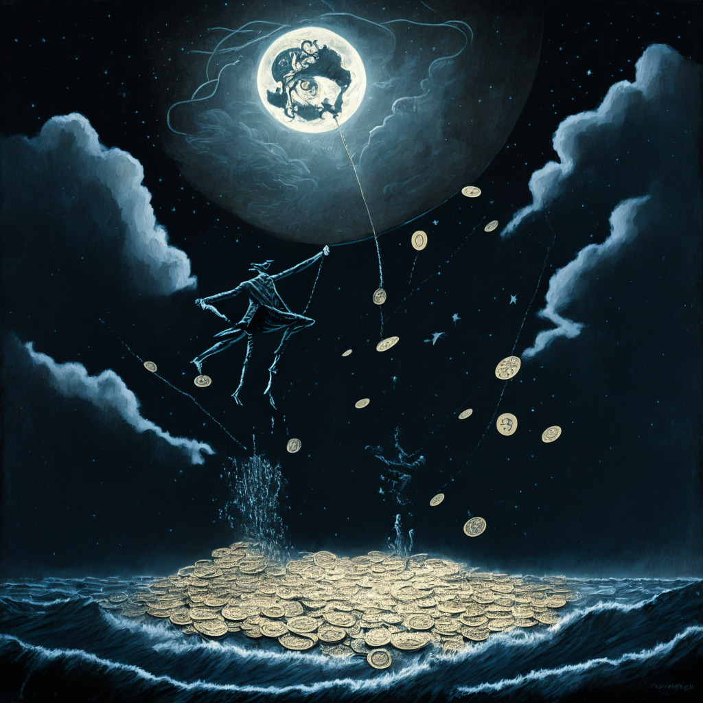 Surrealist painting of a delicate tightrope walker balancing above a stormy sea of physical coins and digital currency symbols, lit by a mysterious moonlight. The walker symbolizes ARK Invest, high profile bitcoins are scattered like stars in a dark sky, symbolizing their influence. A looming silhouette of an unseen regulatory entity emanates foreboding shadow detailing the volatility and the mood is of hopeful tension.
