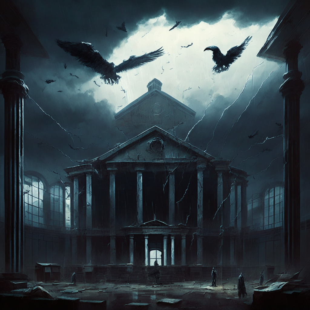 A moody, storm-lit courtroom with heavy clouds gathering in a looming sky, at the center, a dilapidated edifice symbolizing cryptolending platform at the brink of ruin, tied by rusty chains of legal action. On one side a bird of prey, representing regulators, tightening its grip. On the other, a group of people, presenting investors, hopefully gazing at the bleak scenario. The artistic style- German expressionism.