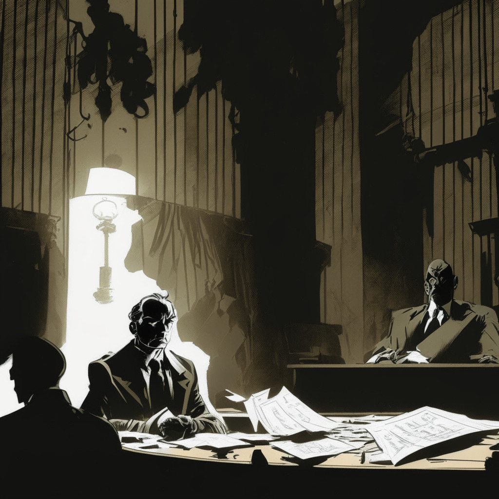 A nightmarish courtroom, chiaroscuro lighting with high contrast shadows, in the style of baroque art. Central figure, a businessman with a grim expression, represents Alex Mashinsky, embroiled in legal troubles amidst flying papers signifying chaos and confusion. In the background, vague outline of a broken cryptocurrency symbolizes the failing Celsius Network. Mood of the scene is tense with a feel of betrayal and suspense.