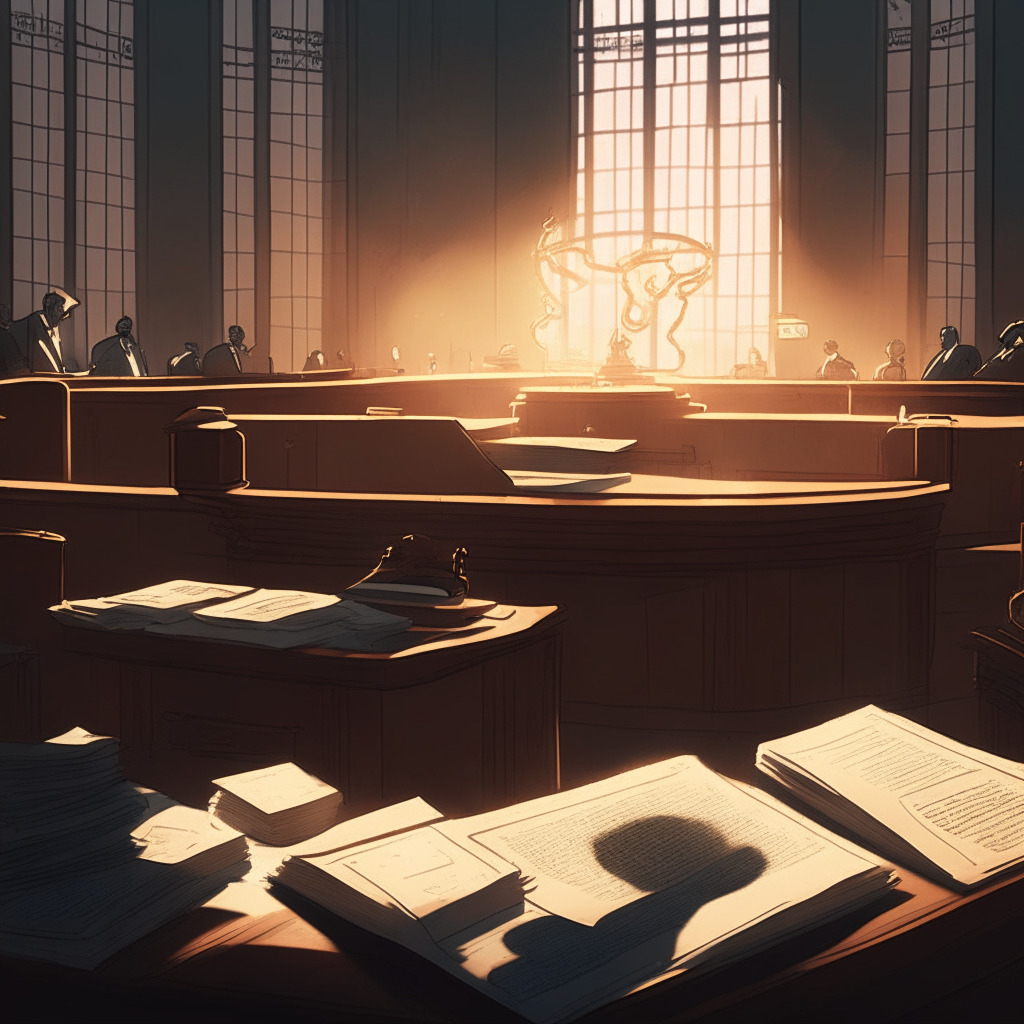 A courtroom bathed in dusk light, casting long shadows, subtly representing the uncertainties and challenges of blockchain future. In the foreground, a ledger book, inscribed with the figure '$78.2 billion'. Dotted around, figures with mixed expressions serve as a symbol of various stakeholders. A pair of handcuffs and scattered papers reference the corporate scandal, while a phoenix rendered in muted tones symbolises the new company rising from the ashes of bankruptcy. Artistic style should be a blend of realism and symbolism, embodying a tense and introspective mood.