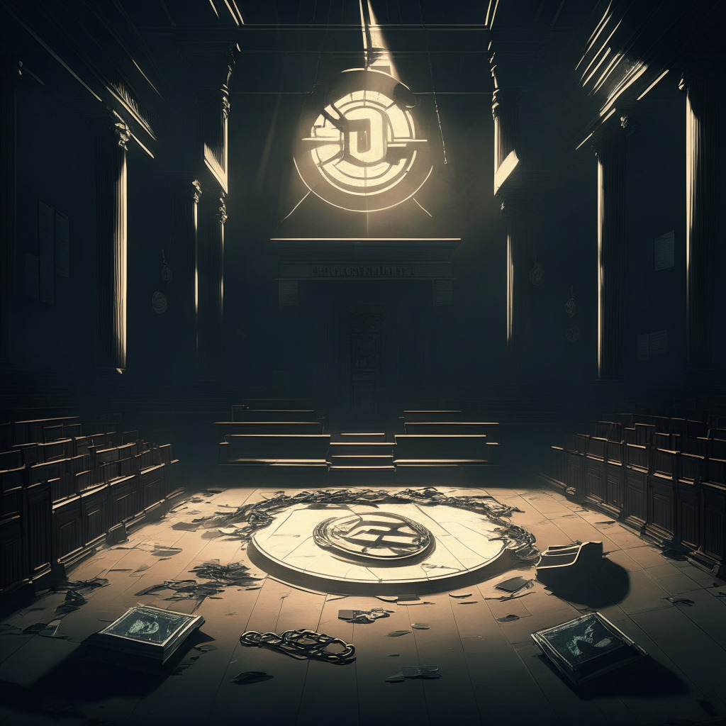 A courtroom in shadows, a broken chain lying centre, symbols of various cryptocurrencies scattered across the floor. Tone is somber, lit by a single overhead spotlight. Artistic style: modern courtroom drama. Mood: heightened tension, a sense of betray.