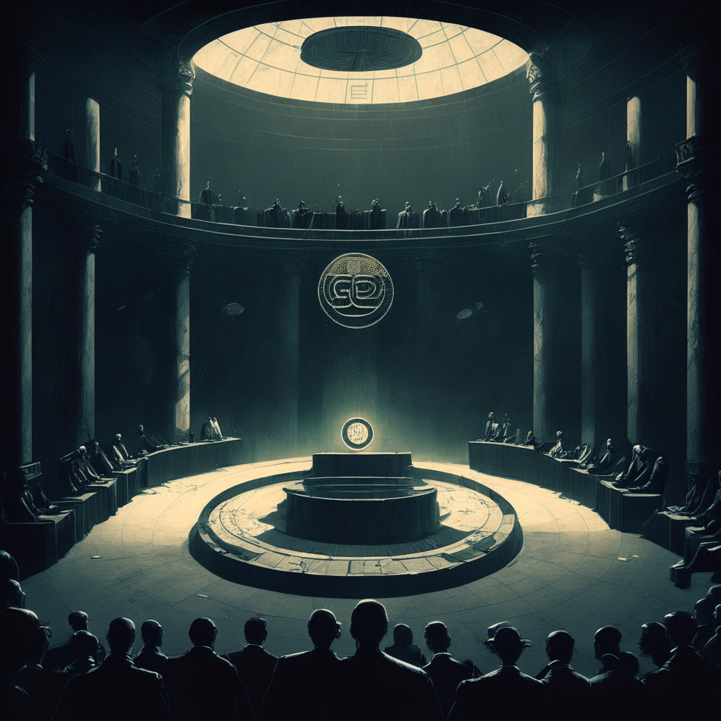Surreal court scene against a dusky, noir setting, featuring an ethereal display of crypto coins (MATIC, DOT, ETH), symbolizing their disputed status. In the center, scale of justice precariously tipped towards a contract document. Mood is tense, mirroring complex, yet transformative financial disputes.