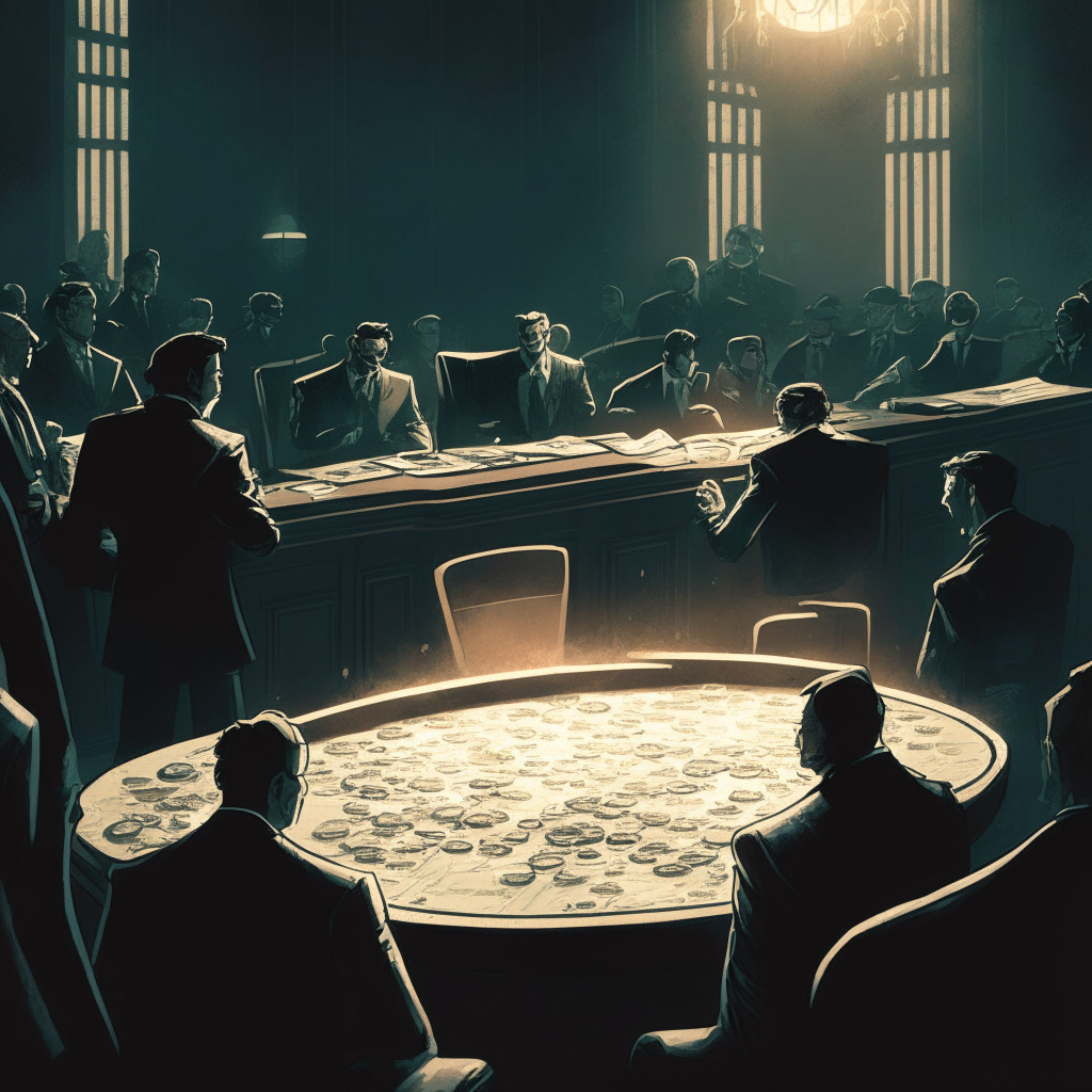 Cryptocurrency saga in a courtroom, gloomy atmosphere, shadowy figures entangled in discussion marked by palpable tension. On a massive table, piles of shimmering altcoins transforming into BTC and ETH. Soft, somber lighting, an air of betrayal and controversy, hints of dark strategic maneuvers. In the background, a spectral figure representing the arrested CEO, sinking under the weight legal documents signifying Fraud and Bankruptcy.