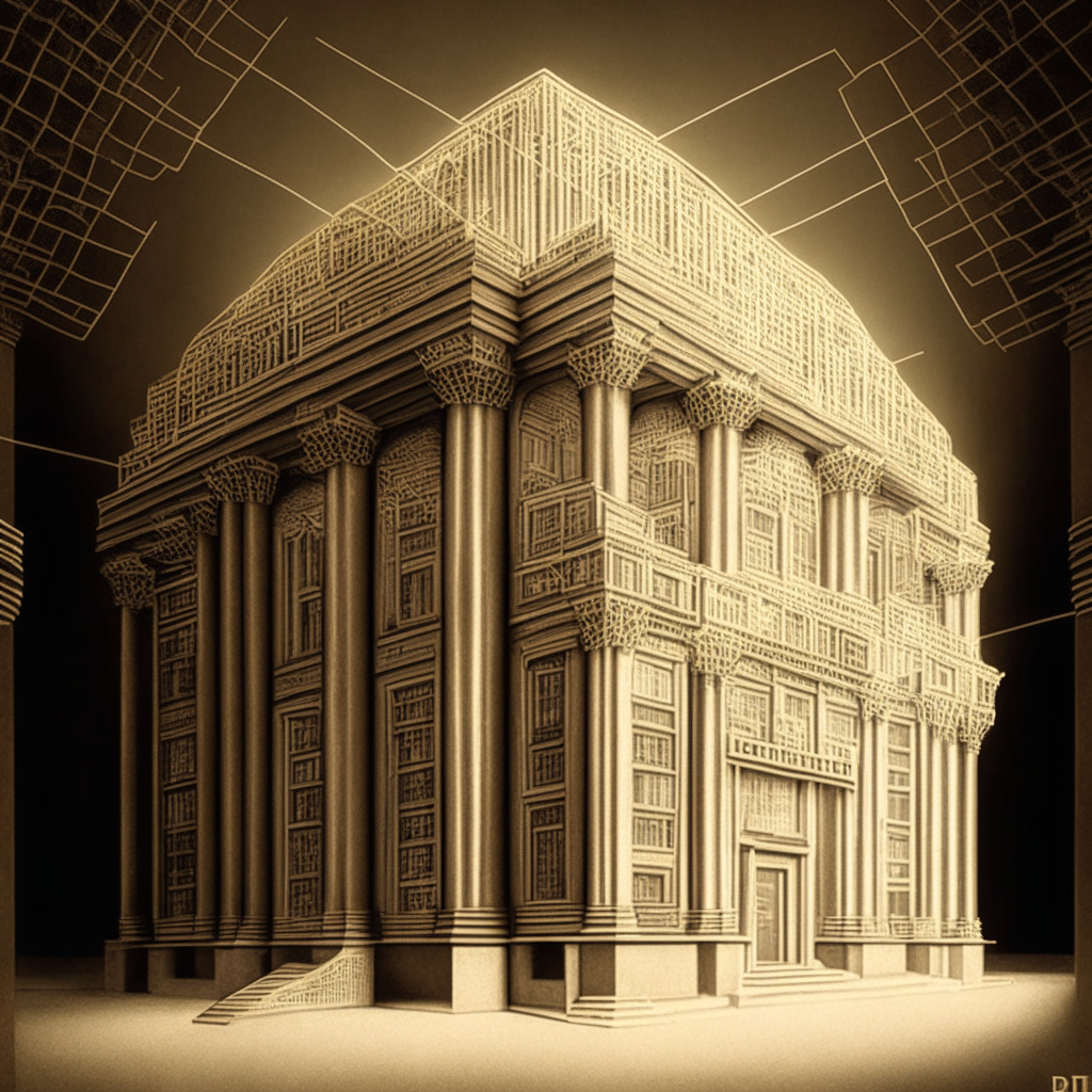 A detailed, sepia-toned image depicting a old traditional bank on one side, merging organically with a futuristic, gleaming, decentralized node network representing DeFi on the other side. The bank functions as a gateway, blending into the node network, representing the harmony between the two entities. Light descends from above, highlighting the unity, suggesting optimistic future. The overall mood of the image should evoke curiosity and hope.