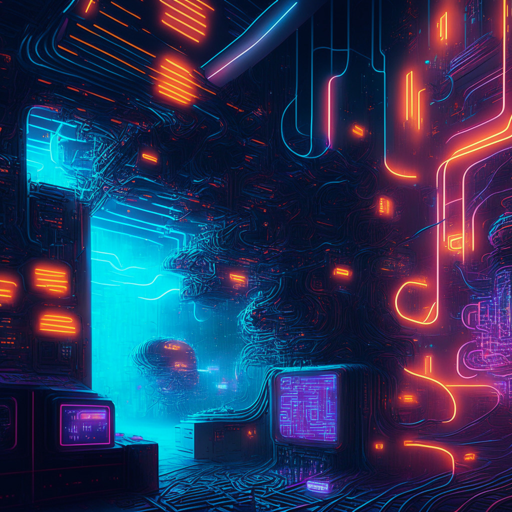A futuristic scene illuminated by the gentle glow of neon lights, depicting a vast, labyrinthine AI supercomputer sprawling with intricate circuitry and pulsing with life. The mood is one of cautious optimism, underscored by a sense of ambition and fervor, while an air of risk lingers. The artistic style should emulate a blend of realism and surrealistic futurism, emphasizing the unknown prospects of this venture.