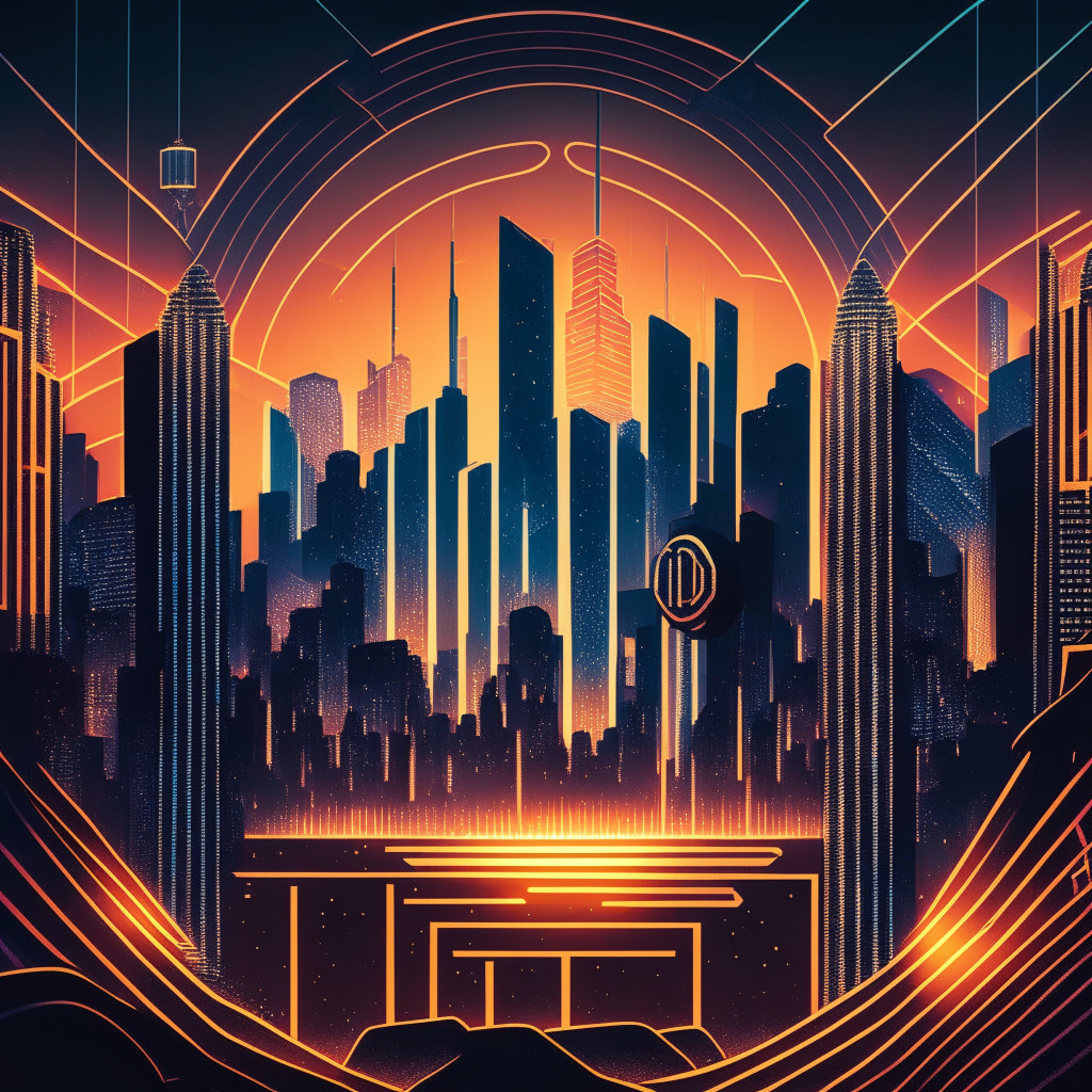 Vibrant digital cityscape at twilight, in an art deco style, reflecting the rise of altcoins. Skyline dominated by a rising coin labelled LINK, symbolic of Chainlink's momentum, illuminating surroundings with a glowing, warm light. Blockchain bridges echo Chainlink's interoperability, leading towards prosperity, hinted by a trail of ascending coins.