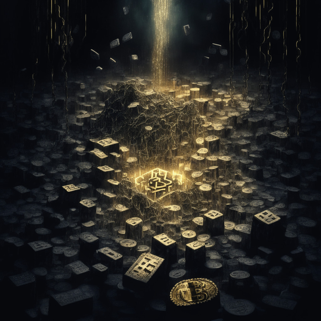 A complex landscape of cryptocurrency transparency in dark, moody, chiaroscuro lighting. Features a symbolic golden key representing Chainlink's proof-of-reserves service. In the forefront, ominous dominoes toppling, representing the potential pitfalls & unpredictable market calamities in digital currency trading. The mood is intense, with hints of skepticism & uncertainty looming.