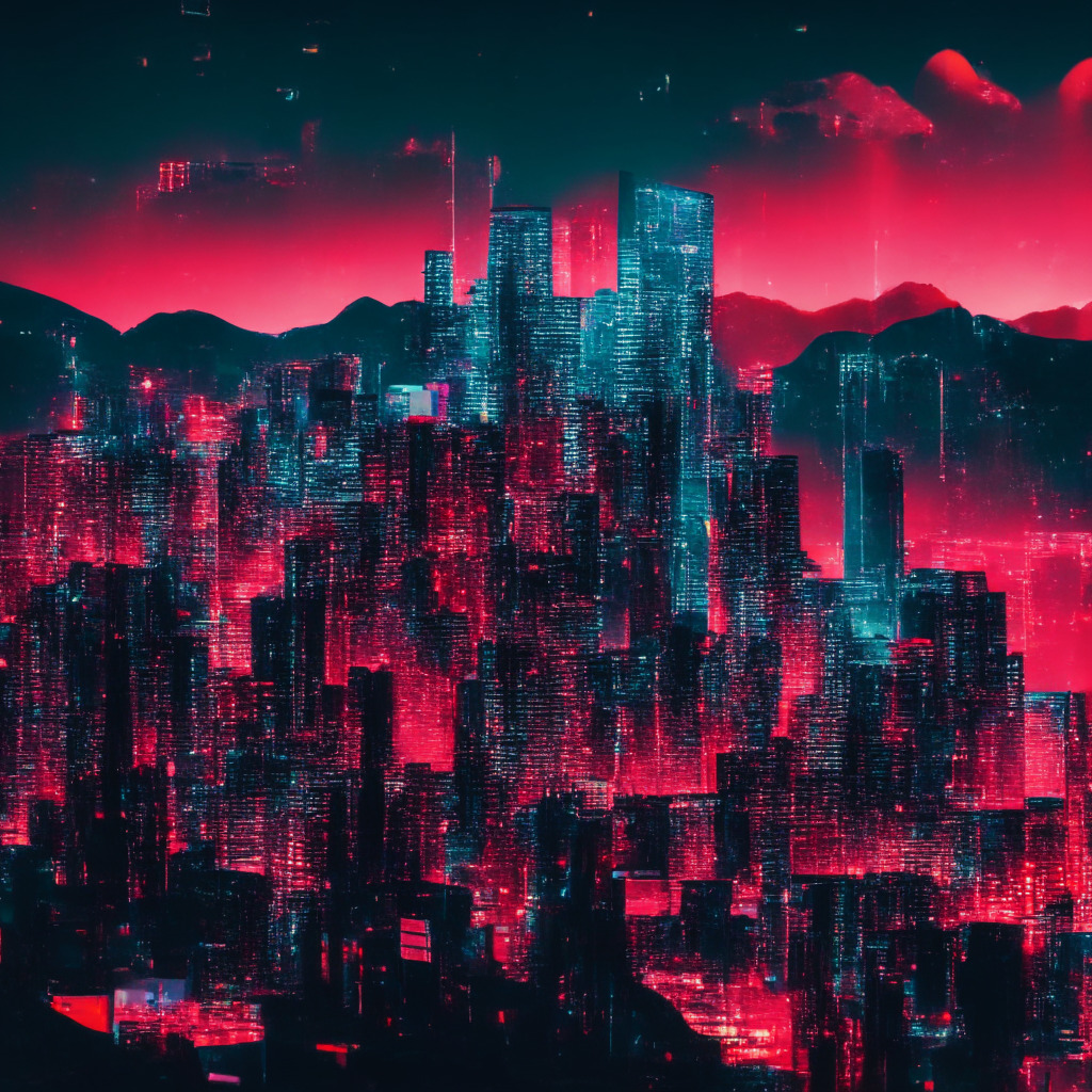 An intricate Hong Kong cityscape glowing under a twilight sky, imbued with a neo-noir aesthetic. Buildings are dotted with vibrant holograms of blockchain symbols, contrasting crypto coins crossed-out in red. Mainland China looms in the background, enveloped in a gauzy digital web, illuminating the paradox of blockchain admiration and crypto resistance. Overall mood is contemplative, anticipatory of looming changes.