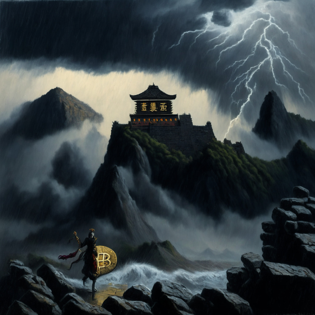 Dark allegorical painting depicting a stormy scene at the Great Wall of China, representing China's hardened stance on cryptocurrency. Intense, dramatic light setting with thick, threatening clouds hanging over a traditional Chinese panorama, symbolizing potential pressures from the new PBoC Governor's anti-crypto position. In the foreground, a broken Bitcoin stands, suggesting the vulnerability of crypto in China.