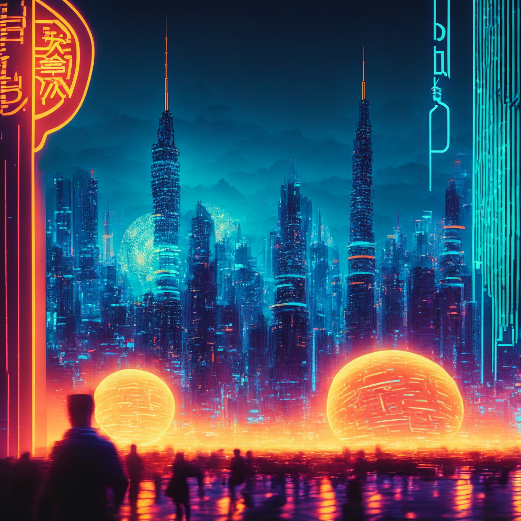 An awe-inspiring, futuristic scene of Beijing's cityscape, bathed in the soft glow of twilight, vibrant digital elements and neon lights symbolizing digital finance flicker around iconic structures. In the foreground, a stylized digital yuan coin, shimmering with incandescent light. The background portrays busy streets filled with diverse people dealing with the central bank digital currency. Intricate Matrix-inspired code descends around them in a cascade of translucent symbols, representing the digital metamorphosis. An artistic digitally-designed dragon boat is seen crossing a crystal-clear river filled with myriad reflective coins, signifying the Asian Games. The atmosphere exudes a mood of anticipation and dynamic change, with the radiant dawn light hinting at China's pioneering role in the global financial digital transformation.