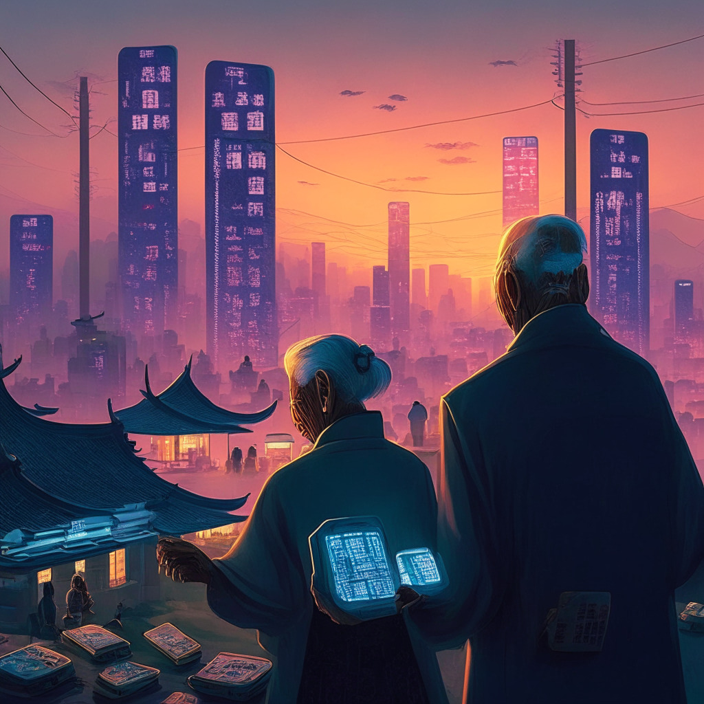 Dusk setting over a futuristic Chinese cityscape, digital wearable wallets glowing, elderly and rural citizens interact with ease. Style is a blend of traditional Chinese art and modern cybernetic aesthetics. Mood conveys robust security, technological progress, and financial inclusivity. A visual metaphor of digital yuan's integration with social security cards, highlighting potential challenges of advancing digital economy.