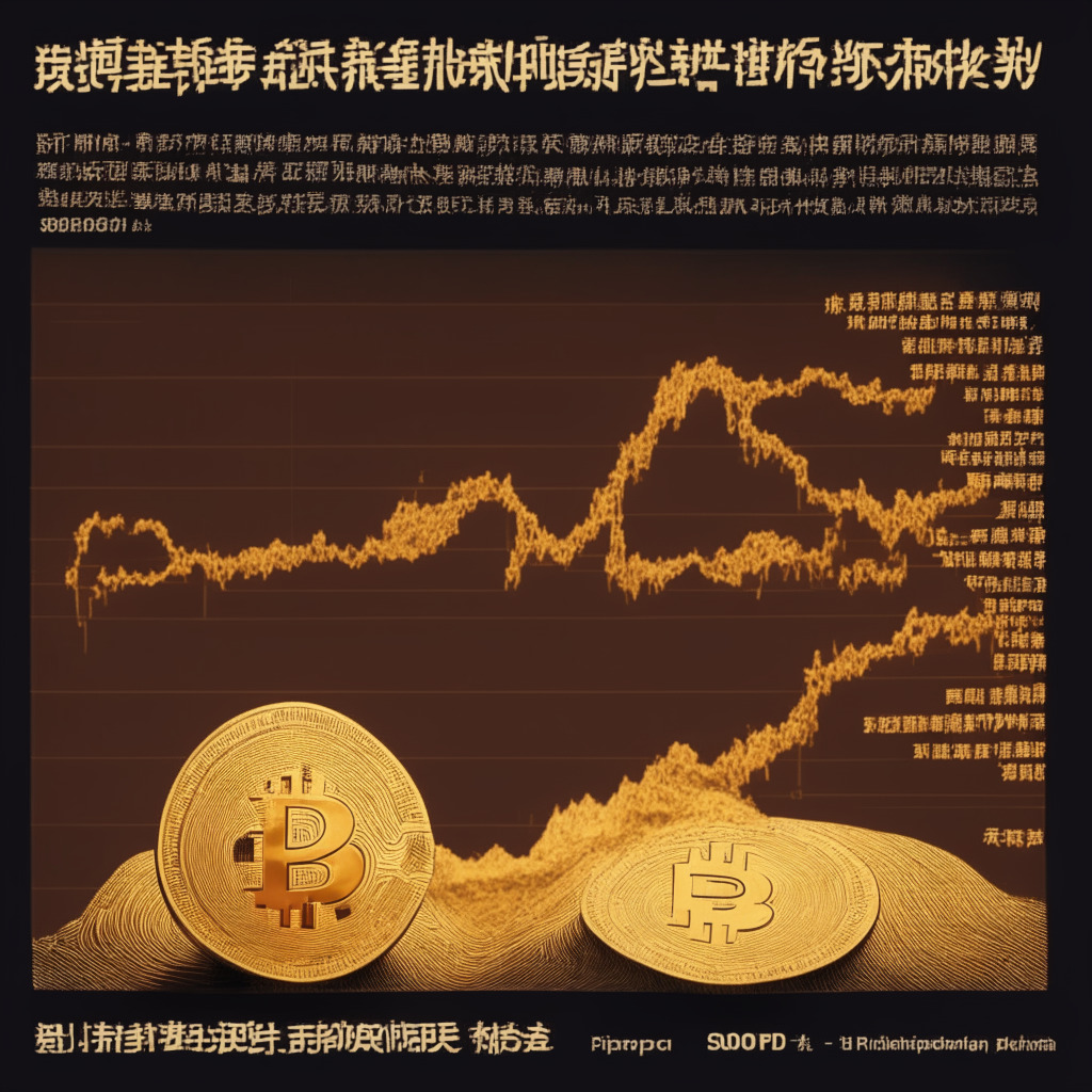 A visual representation of the financial effect of China's PPI on Bitcoin's stability above $30,000. Picture a golden Bitcoin hovering above $30000 text, China's faded, decreasing PPI graph beneath, while a global economic backdrop showing deflationary pressures and liquidity tightening is depicted. Incorporate a somber lighting to reflect the uncertain mood and the subtle yet prominent influence of China on the global economic landscape.