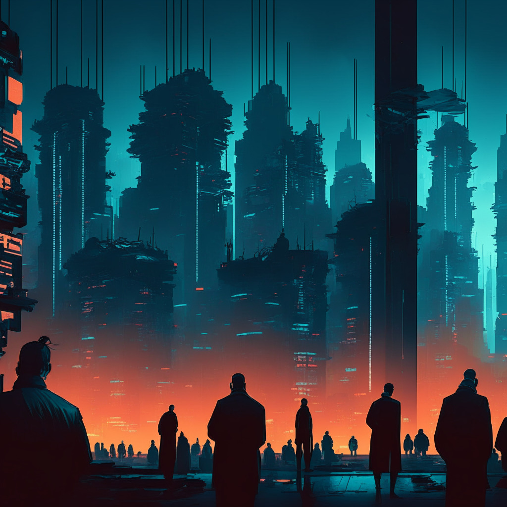 Dystopian cyberpunk cityscape in evening light, Chinese government officials scrutinizing, assessing AI blueprints, digital noir style, serious, oppressive atmosphere. Shadowy figures embodying big tech giants faced with limiting regulations. Glowing screens depict AI tools at work, filled with socialist iconography. Mood reflects tension, apprehension.