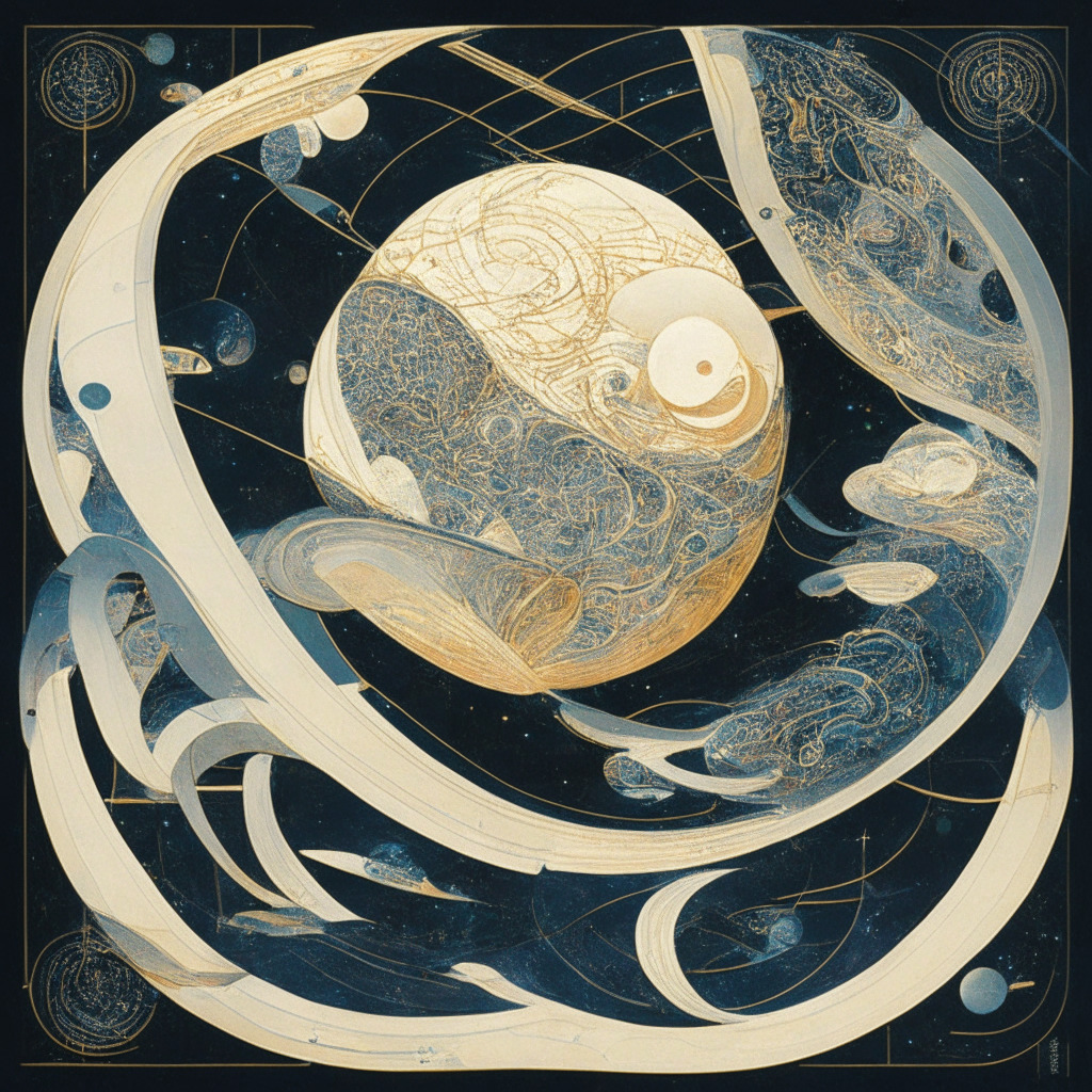 A cosmic dance in the inky expanse, a Chinese satellite, styled in an Art Nouveau characteristic, majestically orbits earth. The satellite, dubbed Tai’an Star Era 16, carries the technologic wonder, 'ADAChain', a blockchain system that looks resplendent in Futurist art style, casting a soft warm light illustrating cutting-edge technology visualization. The overall mood is one of intrigue and innovation, but not without a modal note of uncertainty mirroring the dynamic tides of global cryptocurrencies.