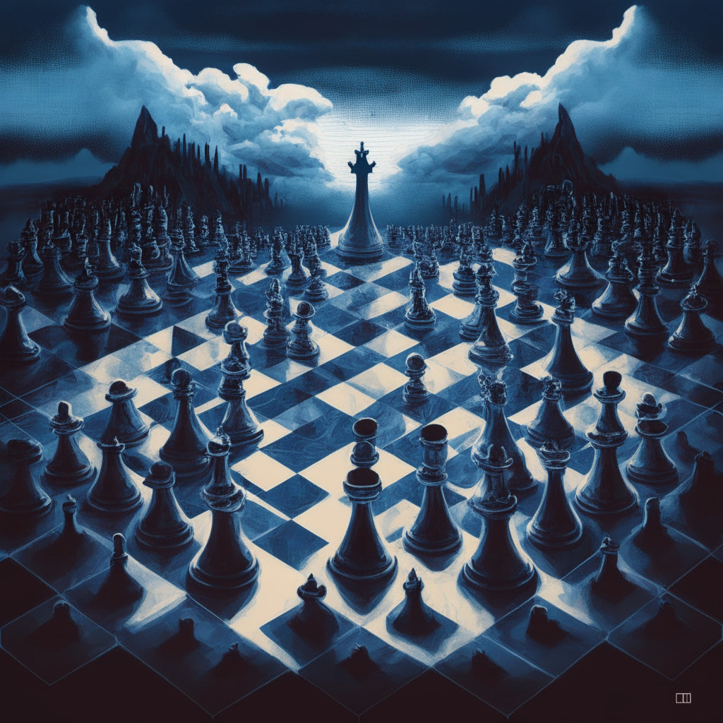 A colossal chessboard with magnified chess pieces depicting Elon Musk and Mark Zuckerberg locked in battle, expressionistic style, twilight hues, tense atmosphere. Chessboard represents digital social media landscape, tension-filled clouds looming above, chess pieces in mid-battle, symbolizing the struggle for social media supremacy.