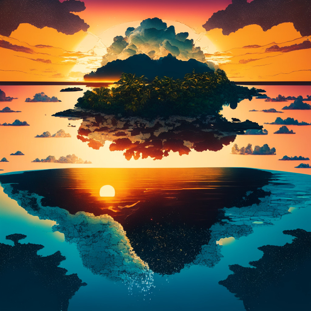 A sunset over a Pacific island, dappled with the light of early blockchain nodes sprouting from the earth, a metaphor for burgeoning tech progress. Overhead, clouds gather in the shape of DAO symbols, forecasting an uncertain economy. Rising waters symbolize climate threat, their glow reflecting the island's resilience. Style: juxtaposition of abstract and real, mood: anticipation with caution.