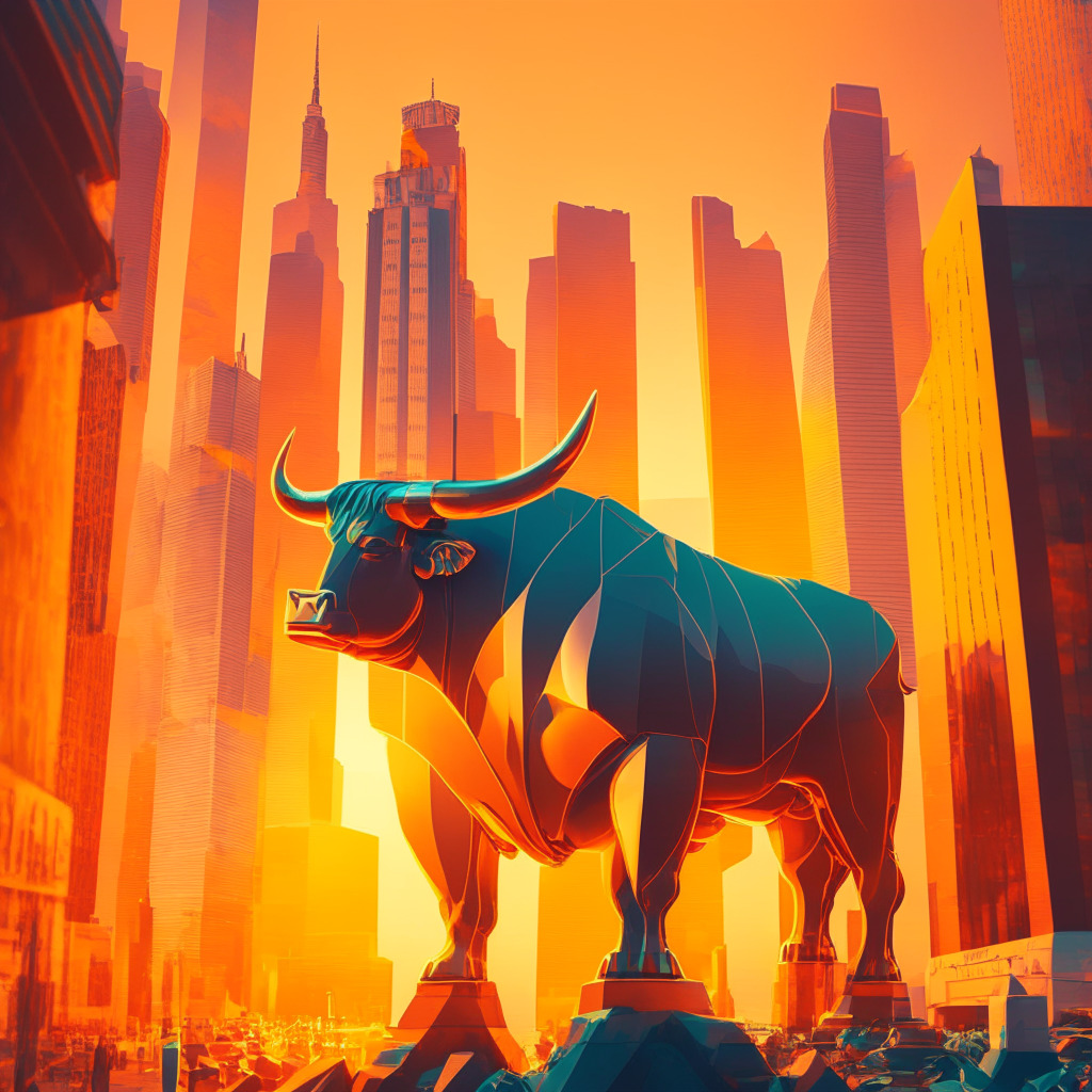 A futuristic cityscape bathed in warm sunset hues, accentuating sleek metropolis and the lively market hubbub, encapsulating the bullish market sentiment. A giant bull statue stands prudently, symbolising dominance and optimism, alongside a serene digital stream symbolising inflows of investments. Mixed elements of cubism and realism add dynamism aligning with constant market evolution, highlighting the balance of optimism and caution in the ever-evolving crypto-world.