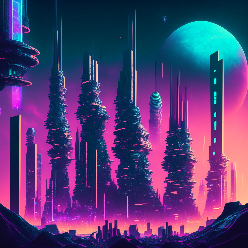 Surreal interpretation of a futuristic city skyline, representing the crypto market. Dominating structures represent BALD and HAIRY coins, the BALD one soaring higher, reflecting its astronomical price rally. HAIRY modestly rises, reflects its slow, steady ascension. The landscape conveying a mix of uncertainty and excitement, lit with ethereal neon lights, setting a mysterious, yet vibrant mood.