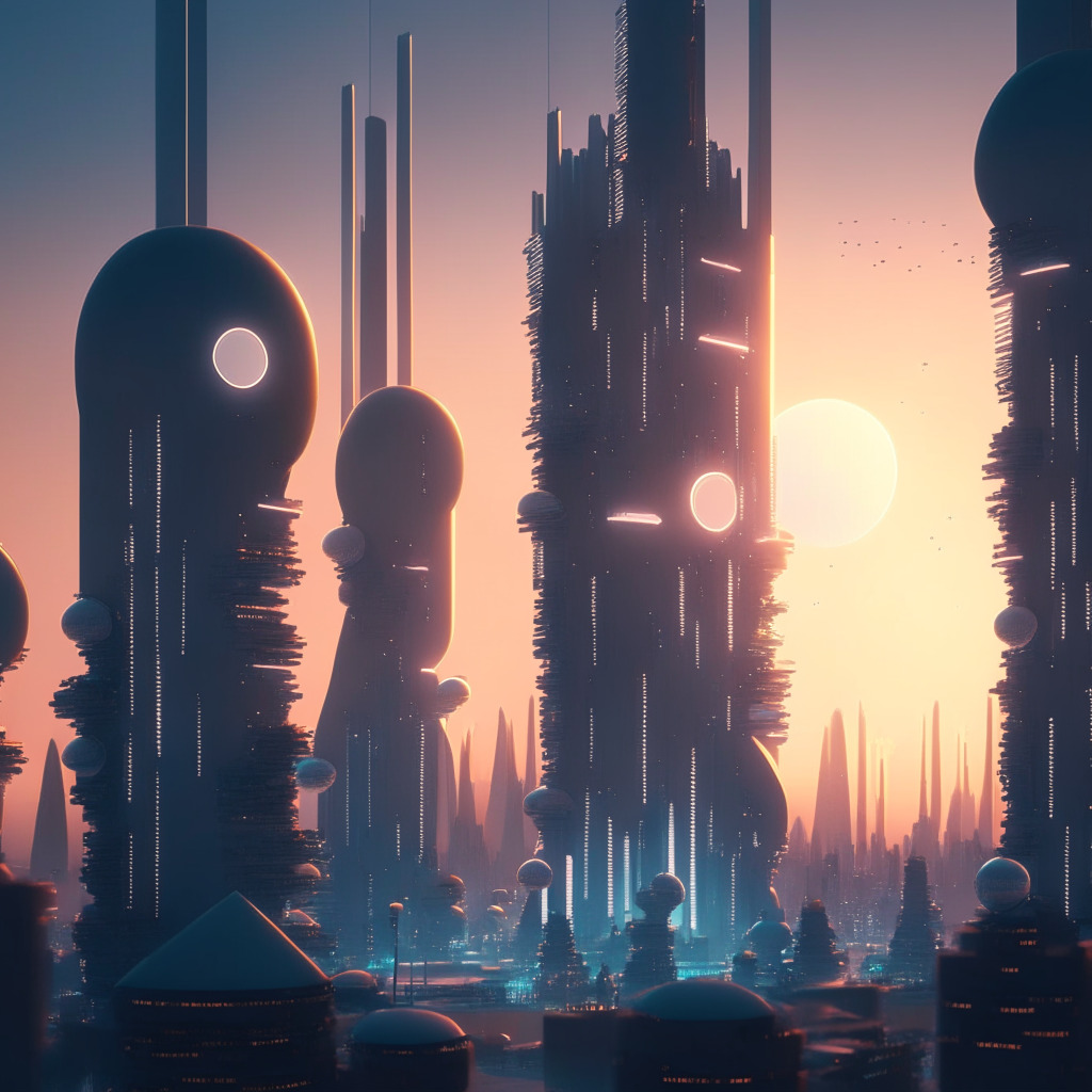 A detailed technological landscape at dusk, illuminated with gentle hues of late sunlight. The scene is a futuristic city representing the Coinbase domain, showcasing an encrypted messaging service embodied as tall, silvery skyscrapers. Ethereal Ethereum addresses float above as soft, glowing orbs referred to as '.eth' or '.lens'. Within the walls of the 'skyscrapers', visual representations of end-to-end encrypted messages are flowing. To symbolize the privacy feature, the scene lacks intrusive elements. An artistic version of the XMTP application seamlessly integrates with the city, allowing messages to move fluidly. The mood of the image is secure and promising, reflecting a revolution in cryptocurrency interaction.