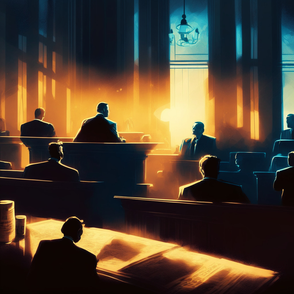 Surreal courtroom scene in twilight hues, impressive testimony of Ripple token floating in a glowing spotlight, SEC and Coinbase representatives in deep discussion. Vibrant contrasting shadows to depict uncertainty, underlying tension. Subtle rays suggest emerging opportunities, mood of cautious optimism.