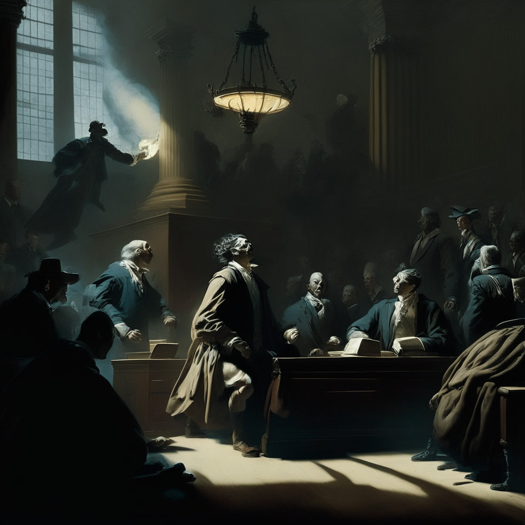 A tense courthouse scene in the style of old Dutch masters, lit by dramatic chiaroscuro, showcasing an intense exchange between figures personifying Coinbase and SEC. The atmosphere is charged, embodying legal battle. In the background, subtle representations of California, New Jersey, South Carolina, and Wisconsin.