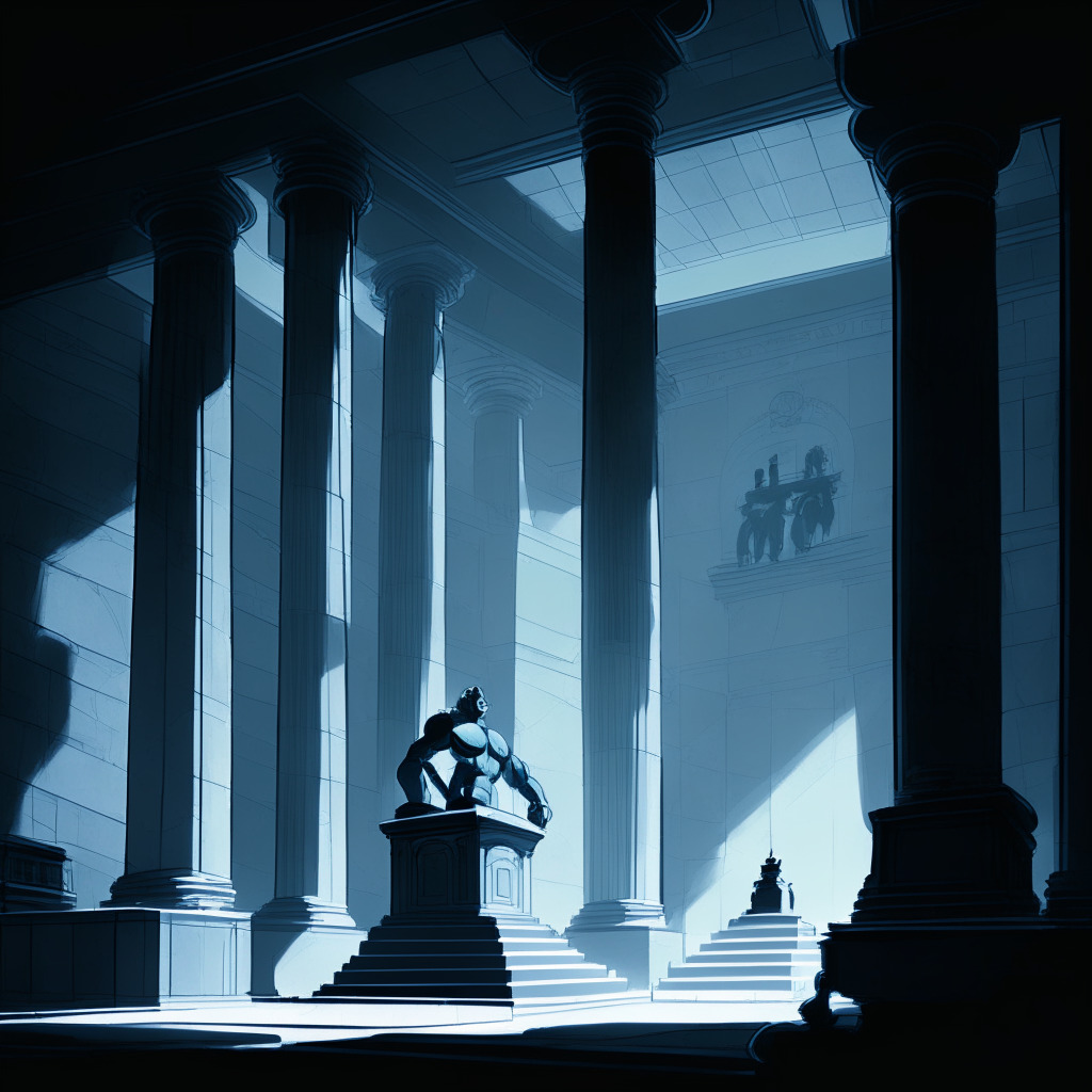 A dimly lit courtroom with classicism architecture, echoing the weight of legal matters. Visible are two distinct anthropomorphic entities: one evoking the stern façade of the SEC depicted as a solid stone statue, the other reflecting Coinbase’s confident defiance illustrated as a mechanized creature with numerous crypto coins circling it. Atmospheric mood, hues of blues and grays prevail, capturing intrigue and uncertainty.