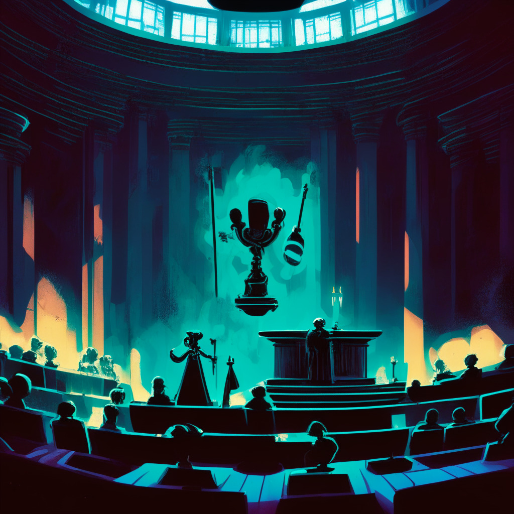 A surreal courtroom, dark yet vibrant, under a spotlit judge's gavel representing the Supreme Court. Depicting a mysterious tension in the air, an array of digital symbols implying cryptocurrency artfully woven into the scene. Shadowy figures of Coinbase and SEC hinting at confrontation, painted in an expressionistic style. The mood, anticipatory and resonating with high-stake implications.