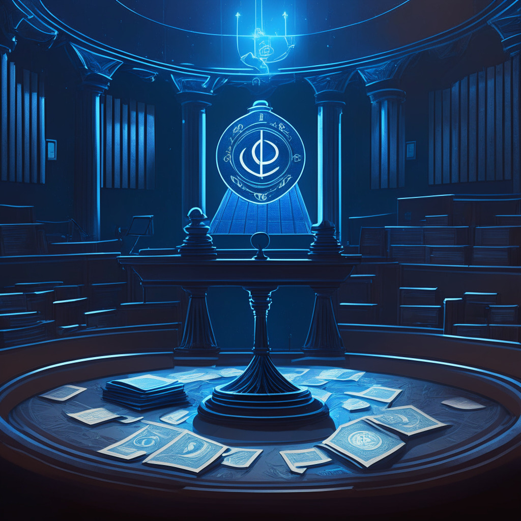 A courtroom filled with cryptocurrency and legal symbols, set under the blue light of a fearful anticipation. In the center, a scale tipping between a piece of digital currency and the law books. To the side, an old fashioned hourglass sits, grains of sand falling slowly. The ambiance is tense, with hues of navy blue and gray to set a moody atmosphere.