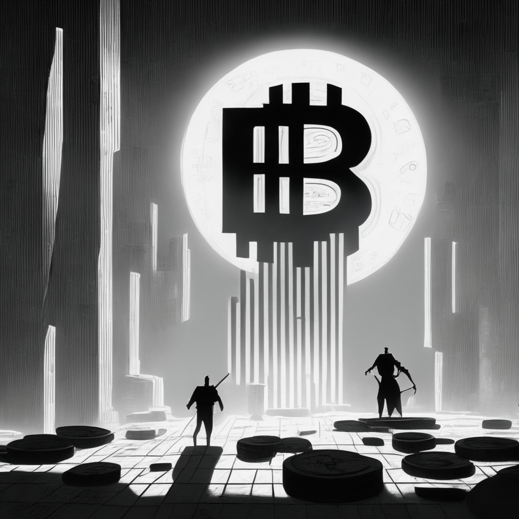 A monochrome scene, dominated by a large, bright Bitcoin symbol, Illuminated by a cold, harsh light, symbolizing the stark dominance requested by SEC. In the background, shadowy figures representing different cryptocurrencies, barely visible, implying regulatory skepticism. Imbued with futuristic cubism, casting an ominous yet hopeful atmosphere.